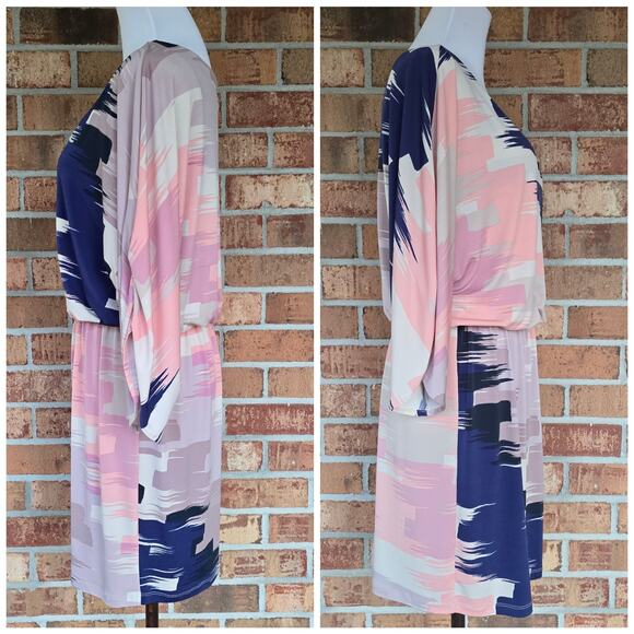 Tori Richard Dress M Stretch Blouson Waist Shirred Dolman Sleeves Abstract Print - Picture 3 of 10